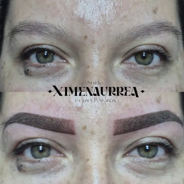 Aplicación profesional de cejas con micropigmentación efecto polvo